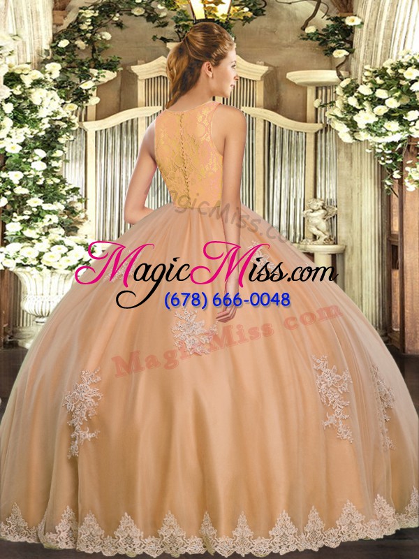 wholesale gold tulle clasp handle scoop sleeveless floor length quinceanera gowns lace and appliques