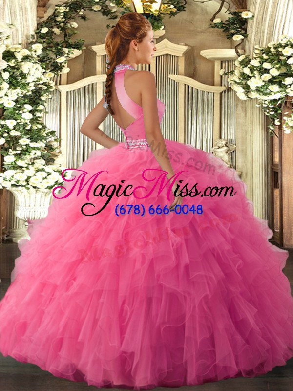 wholesale luxurious hot pink ball gowns halter top sleeveless organza floor length backless beading and ruffles quinceanera gown