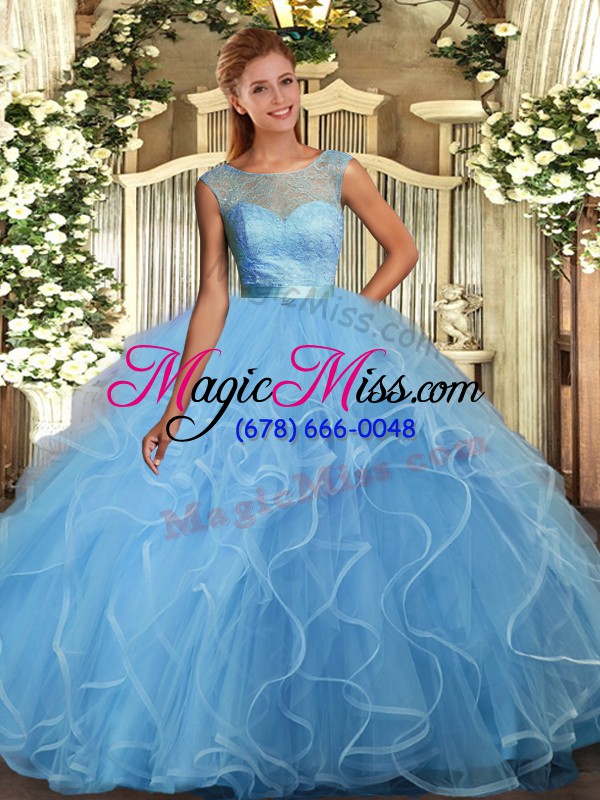 wholesale aqua blue ball gowns scoop sleeveless organza floor length backless ruffles sweet 16 dress