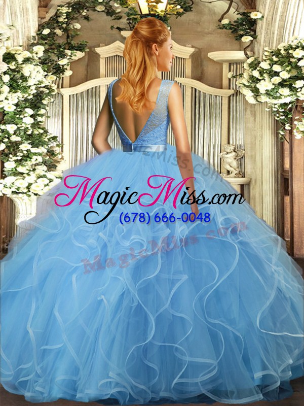 wholesale aqua blue ball gowns scoop sleeveless organza floor length backless ruffles sweet 16 dress