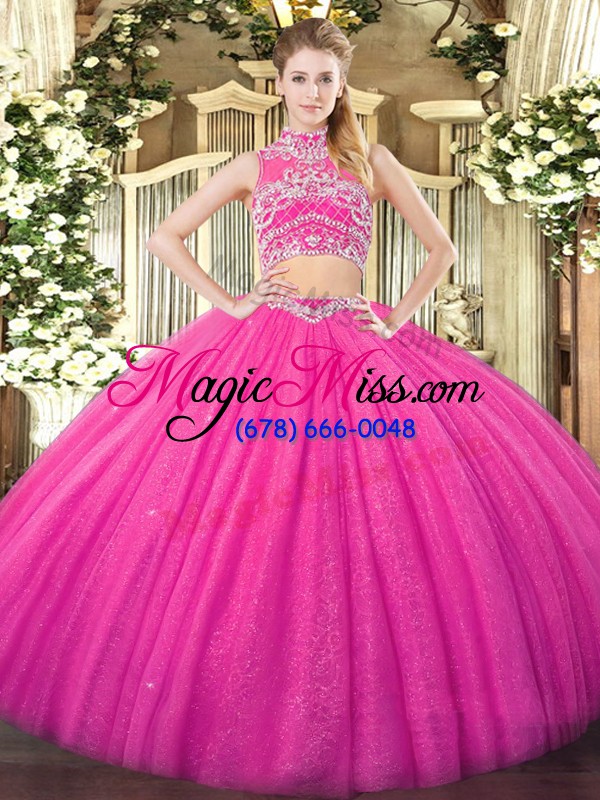 wholesale hot pink sleeveless tulle backless quinceanera dress for military ball and sweet 16 and quinceanera
