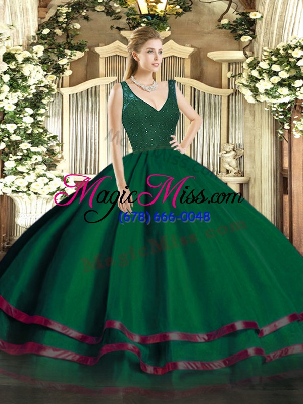wholesale adorable dark green v-neck neckline beading and lace and ruffled layers vestidos de quinceanera sleeveless backless