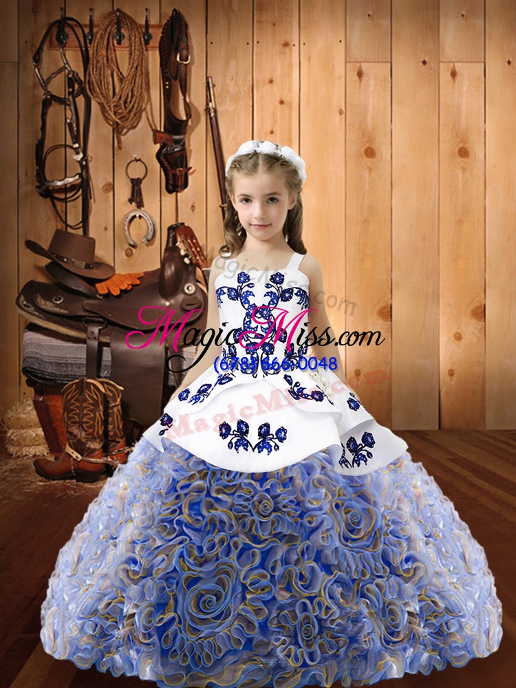 wholesale fabric with rolling flowers straps sleeveless lace up embroidery and ruffles little girls pageant dress wholesale in multi-color