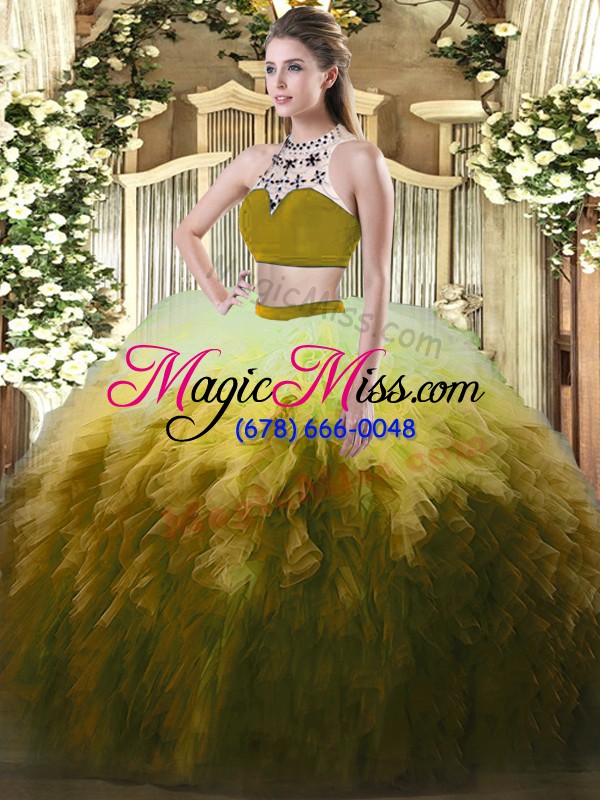 wholesale multi-color two pieces beading and ruffles vestidos de quinceanera backless tulle sleeveless floor length