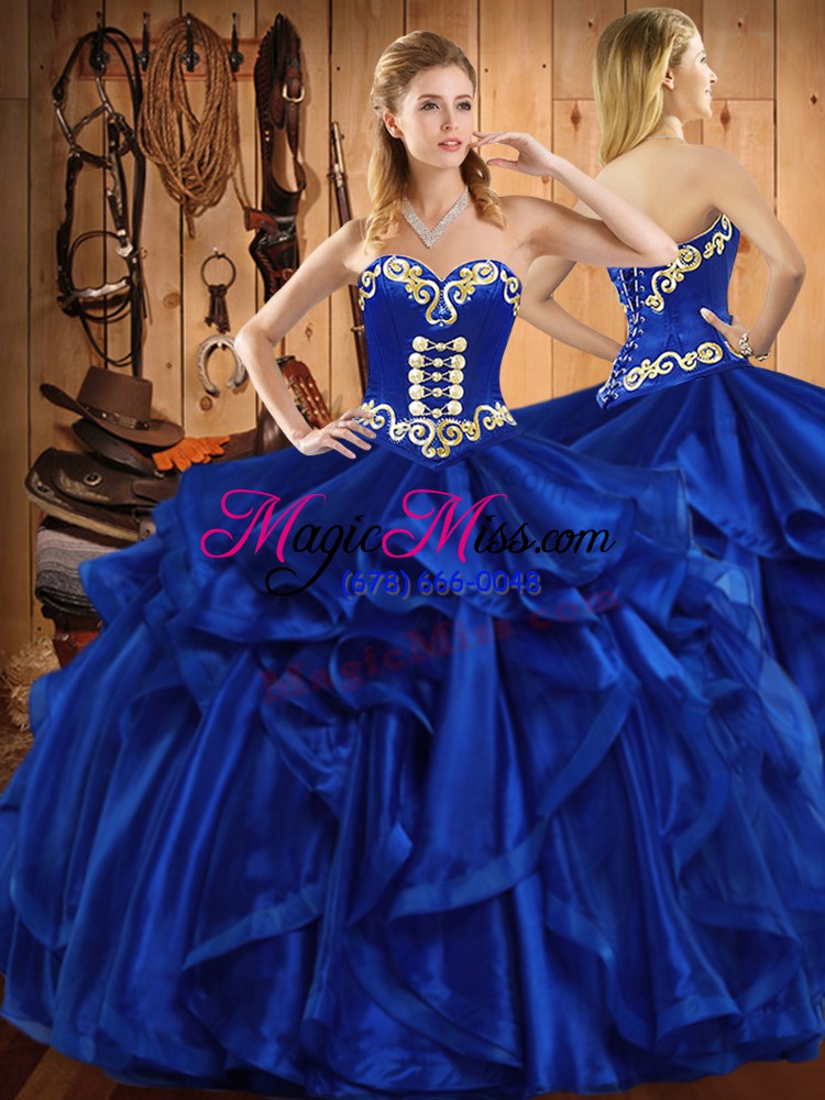 wholesale edgy royal blue ball gowns organza sweetheart sleeveless embroidery and ruffles floor length lace up vestidos de quinceanera