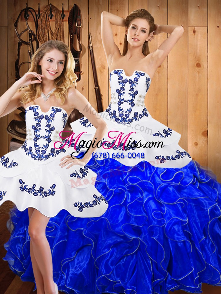 wholesale satin and organza strapless sleeveless lace up embroidery and ruffles sweet 16 quinceanera dress in blue and white