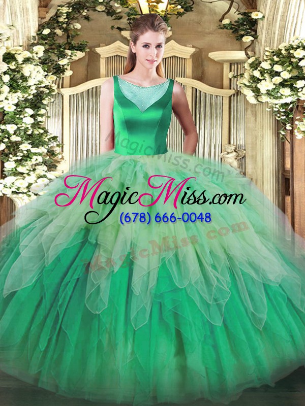 wholesale noble sleeveless floor length beading and ruffles backless quinceanera gown with multi-color