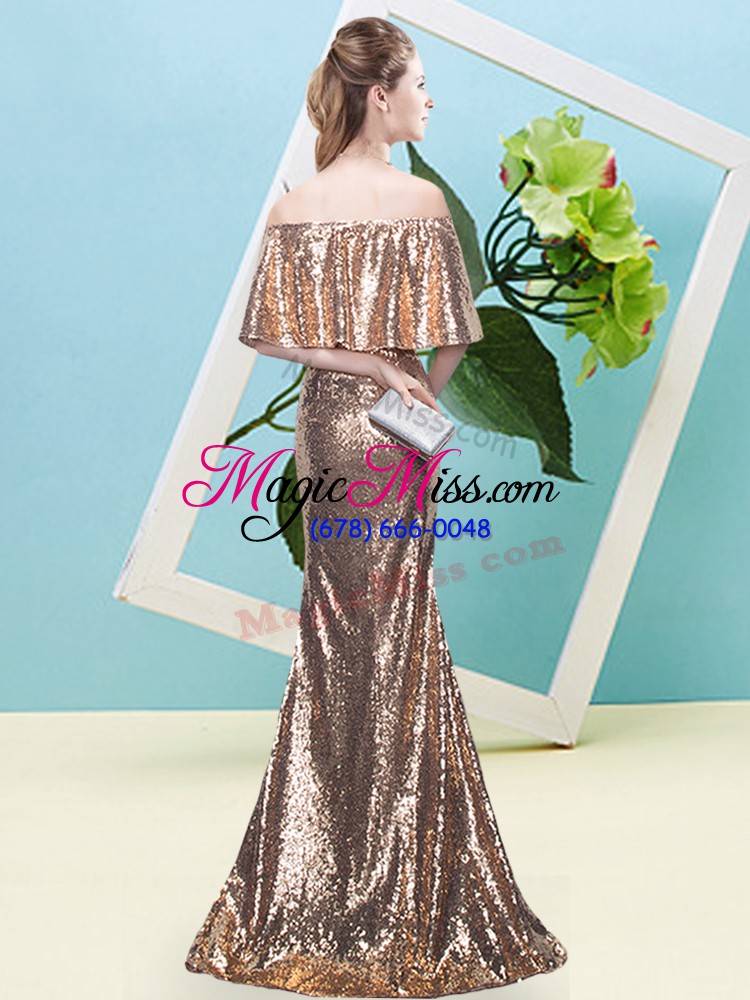 wholesale flare yellow half sleeves floor length sequins zipper prom evening gown