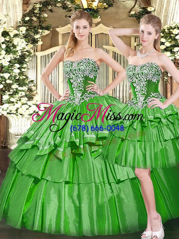 wholesale green sleeveless beading and ruffled layers floor length quince ball gowns