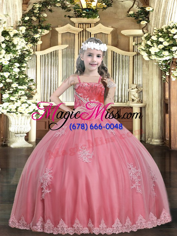 wholesale watermelon red lace up straps appliques little girls pageant gowns tulle sleeveless