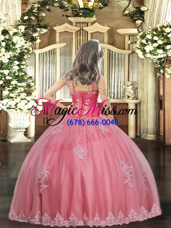 wholesale watermelon red lace up straps appliques little girls pageant gowns tulle sleeveless