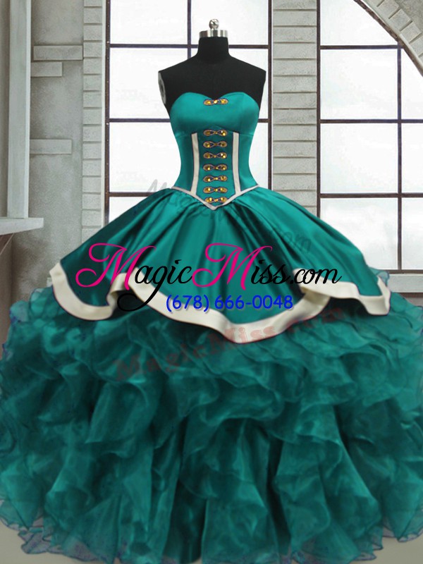 wholesale hot selling teal organza lace up sweet 16 quinceanera dress sleeveless floor length beading and ruffles