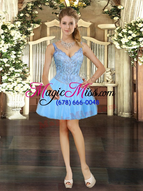 wholesale three pieces ball gown prom dress baby blue straps tulle sleeveless floor length lace up