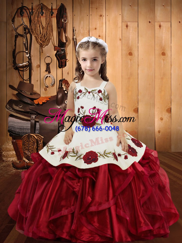 wholesale wine red organza lace up child pageant dress sleeveless floor length embroidery and ruffles