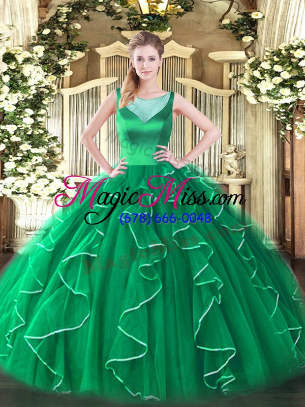 wholesale scoop sleeveless 15th birthday dress floor length beading and ruffles turquoise tulle