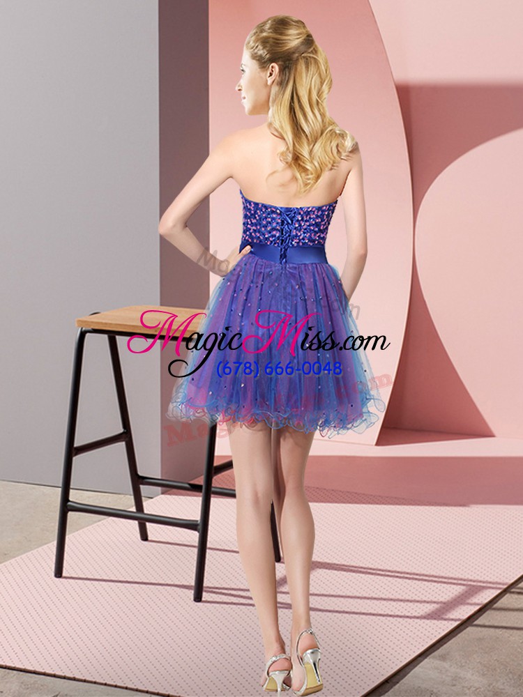 wholesale sleeveless tulle mini length lace up bridesmaid dress in multi-color with beading and sequins