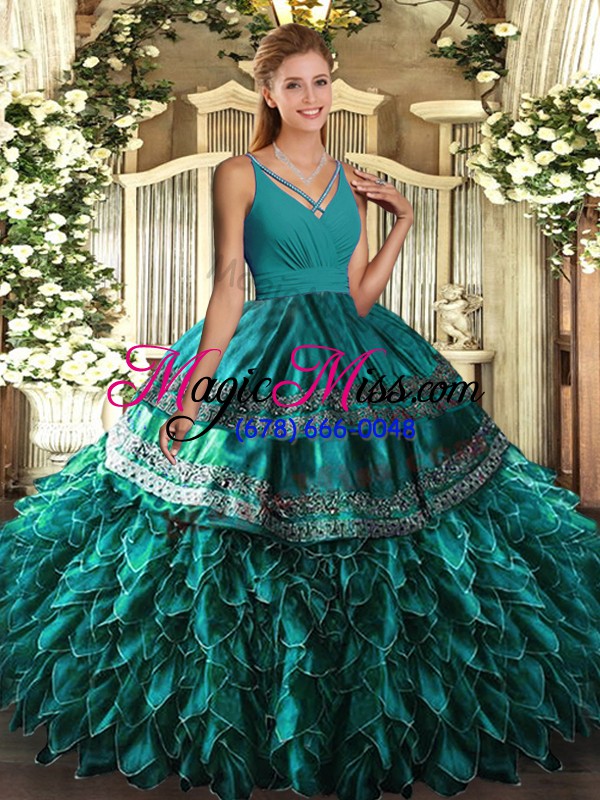 wholesale traditional ball gowns 15 quinceanera dress teal v-neck satin and organza sleeveless floor length backless