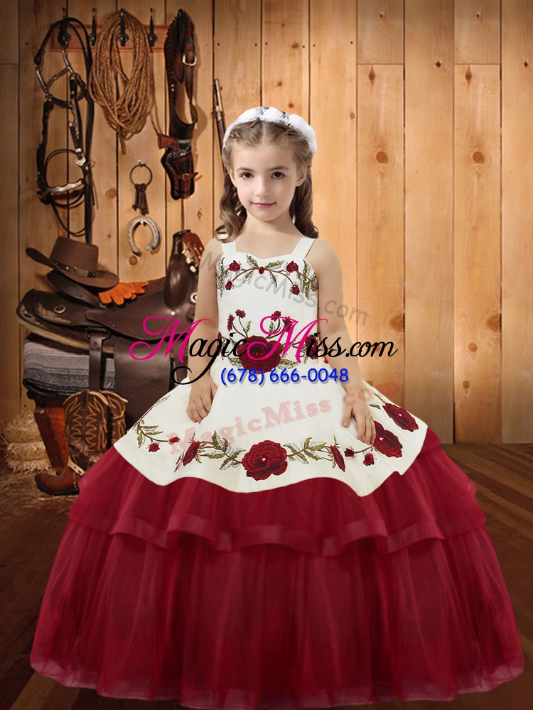 wholesale wine red organza lace up little girl pageant dress sleeveless floor length embroidery and ruffled layers