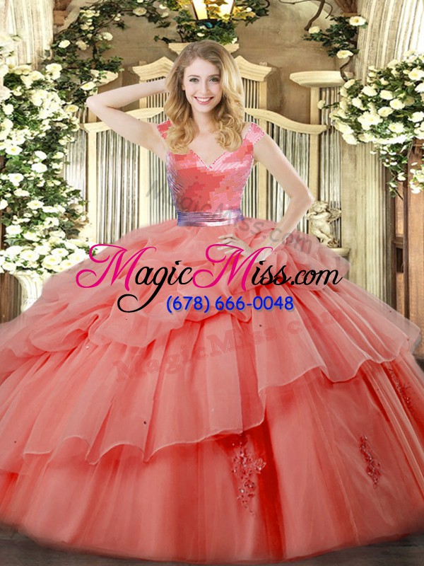 wholesale organza sleeveless floor length quince ball gowns and ruffled layers