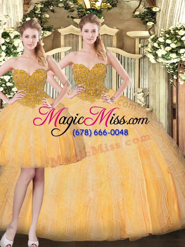 wholesale elegant sleeveless floor length beading and ruffles lace up vestidos de quinceanera with gold