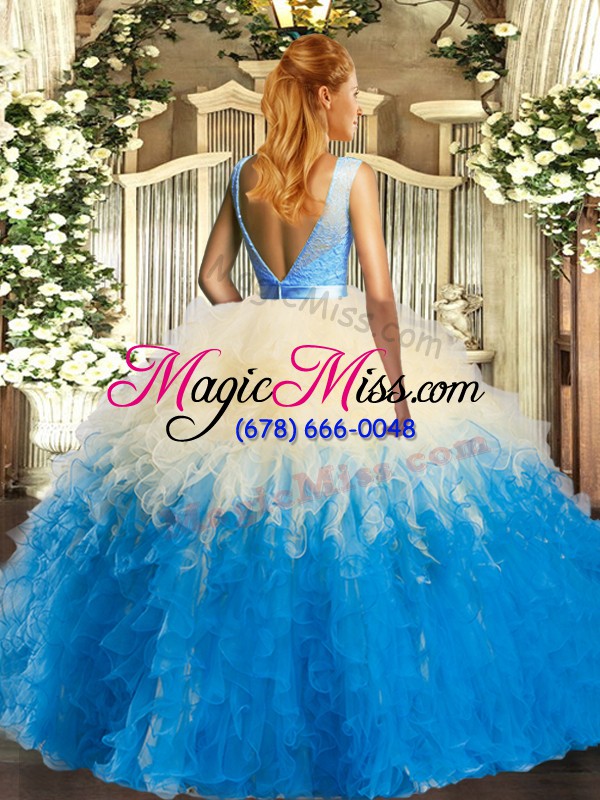 wholesale sleeveless tulle floor length backless quinceanera dress in multi-color with beading and ruffles