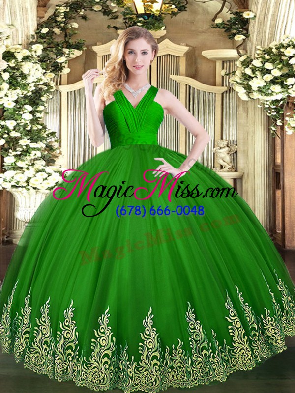 wholesale sleeveless tulle floor length zipper sweet 16 dress in green with appliques