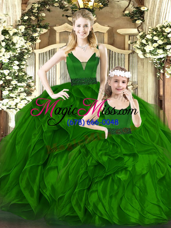 wholesale romantic green v-neck zipper beading and ruffles quinceanera dress sleeveless