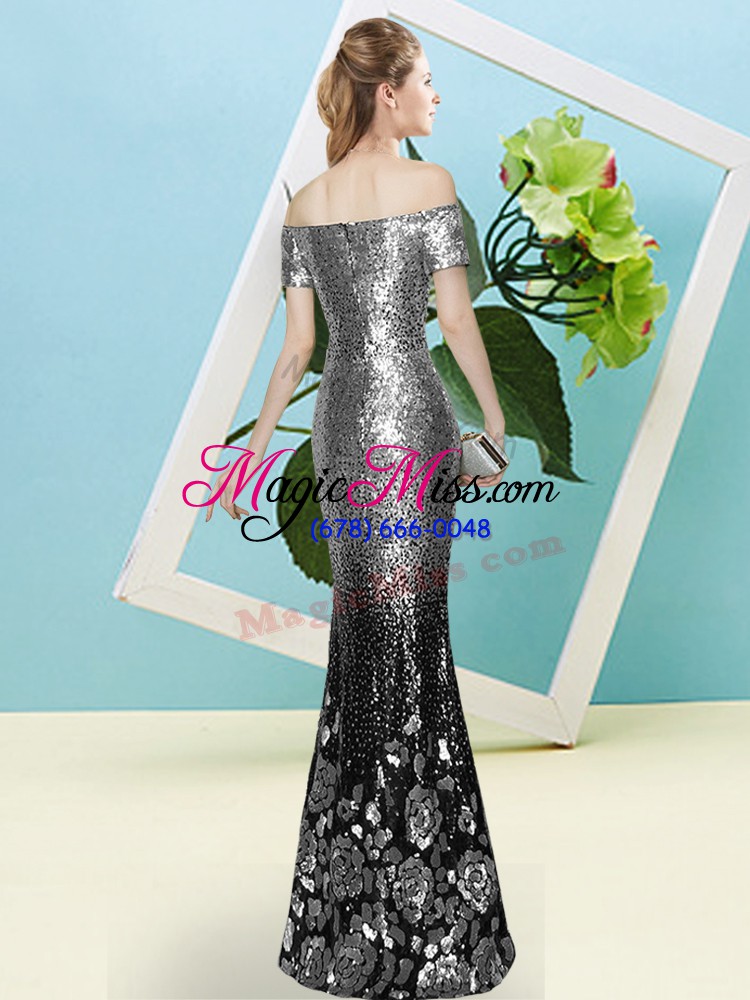 wholesale silver short sleeves sequins floor length dress for prom