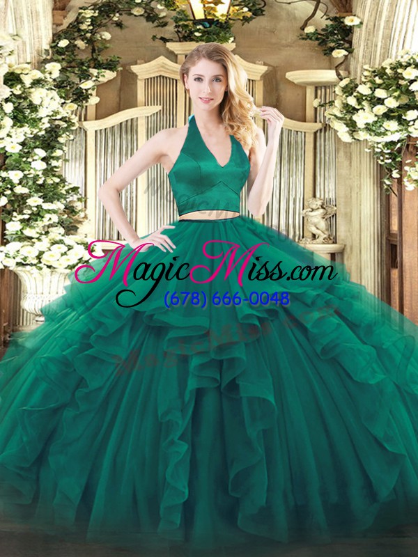 wholesale luxurious sleeveless organza floor length zipper ball gown prom dress in dark green with ruffles