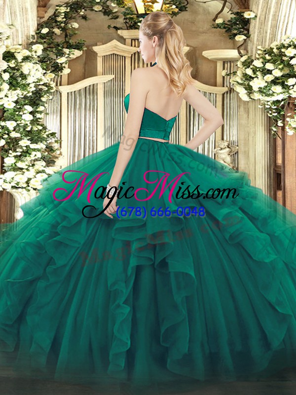 wholesale luxurious sleeveless organza floor length zipper ball gown prom dress in dark green with ruffles