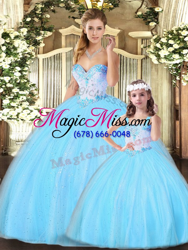 wholesale beauteous aqua blue sleeveless tulle lace up quinceanera gown for military ball and sweet 16 and quinceanera
