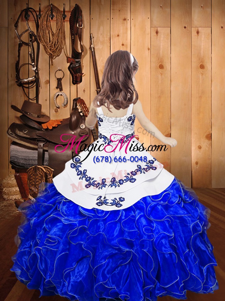 wholesale fashion sleeveless organza floor length lace up custom made pageant dress in gold with embroidery and ruffles