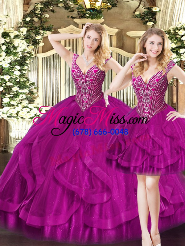 wholesale clearance fuchsia vestidos de quinceanera military ball and sweet 16 and quinceanera with beading and ruffles v-neck sleeveless lace up