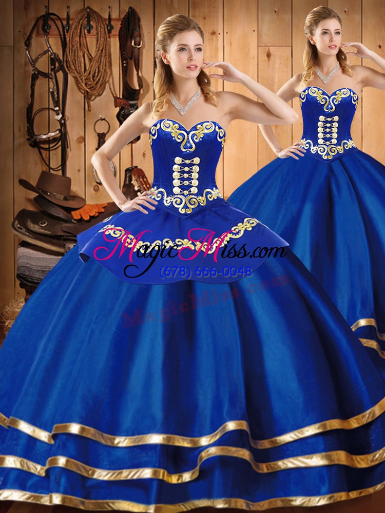 wholesale blue ball gowns embroidery ball gown prom dress lace up satin and tulle sleeveless floor length
