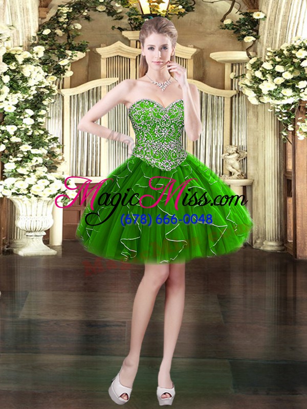 wholesale custom design green lace up sweetheart beading and ruffles ball gown prom dress organza sleeveless