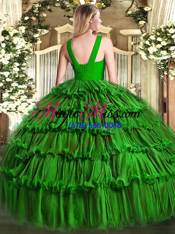 wholesale discount olive green organza zipper v-neck sleeveless floor length sweet 16 dresses ruffled layers