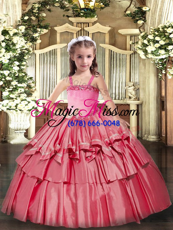 wholesale coral red organza lace up kids formal wear sleeveless floor length appliques and ruffled layers