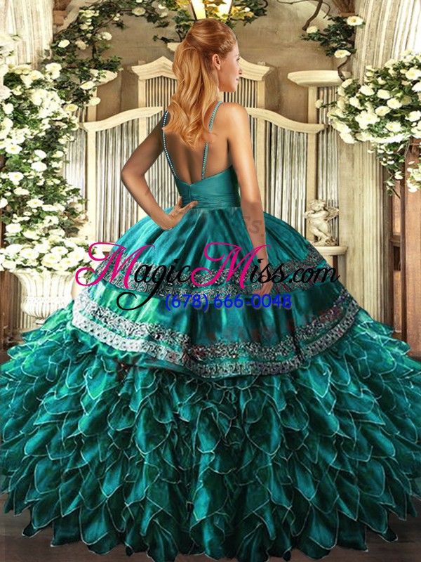 wholesale clearance blue ball gowns v-neck sleeveless satin and organza floor length backless ruffles quinceanera dresses