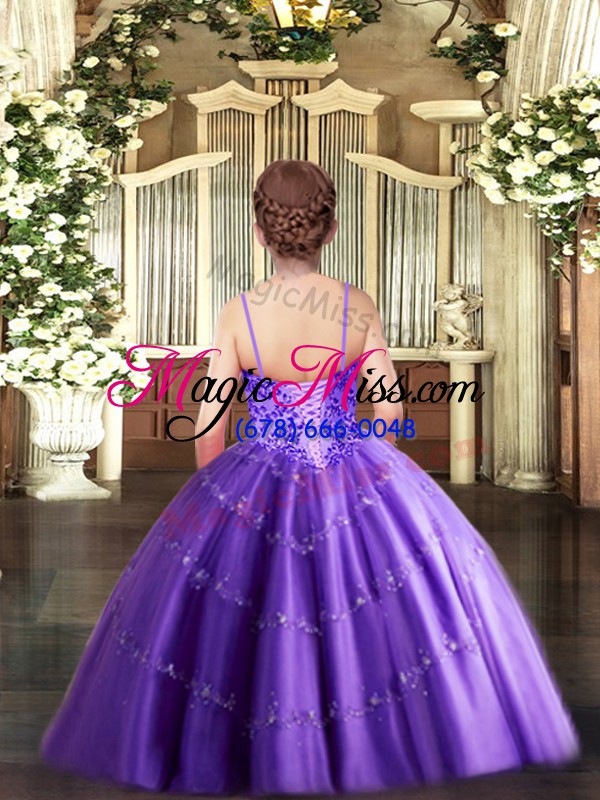 wholesale purple ball gowns spaghetti straps sleeveless tulle floor length lace up appliques little girls pageant dress