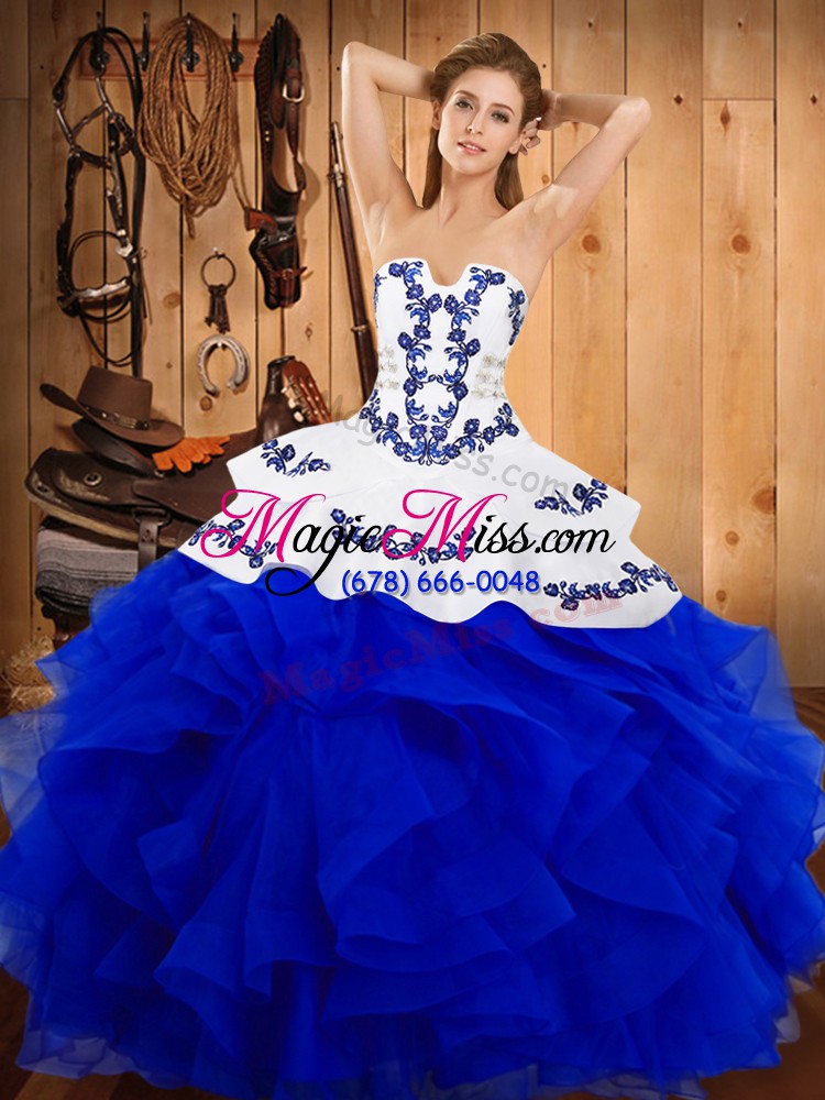 wholesale elegant embroidery and ruffles 15 quinceanera dress blue and white lace up sleeveless floor length
