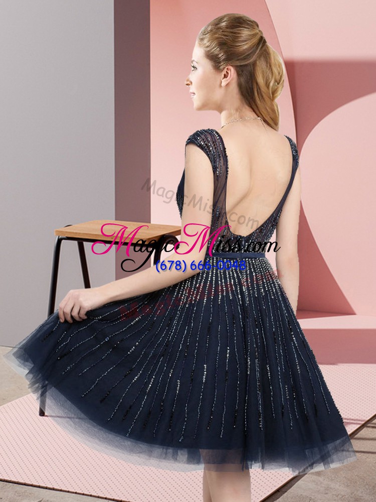 wholesale navy blue backless dress for prom beading sleeveless knee length