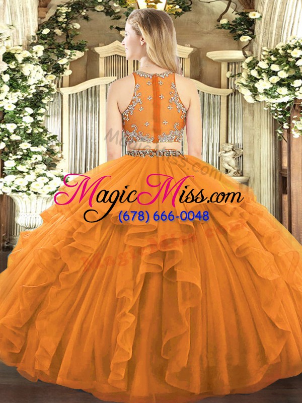 wholesale sleeveless floor length beading and ruffles zipper ball gown prom dress with coral red