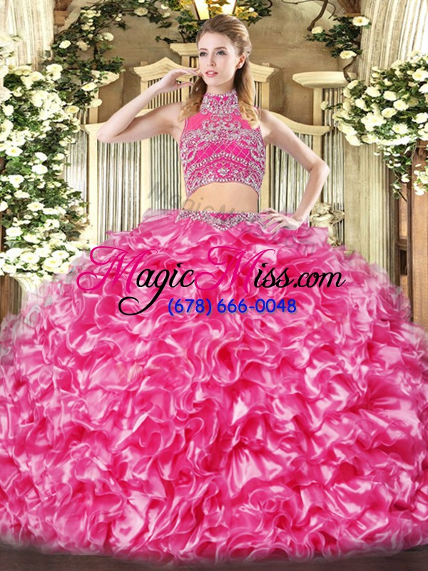 wholesale hot pink two pieces tulle high-neck sleeveless beading and ruffles floor length backless quinceanera dresses