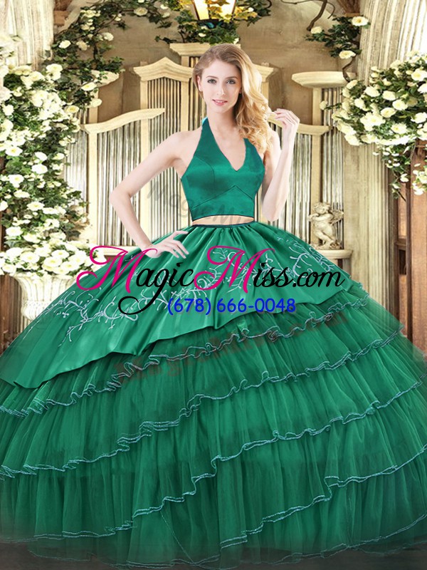 wholesale free and easy sleeveless floor length embroidery and ruffled layers zipper quinceanera gowns with dark green