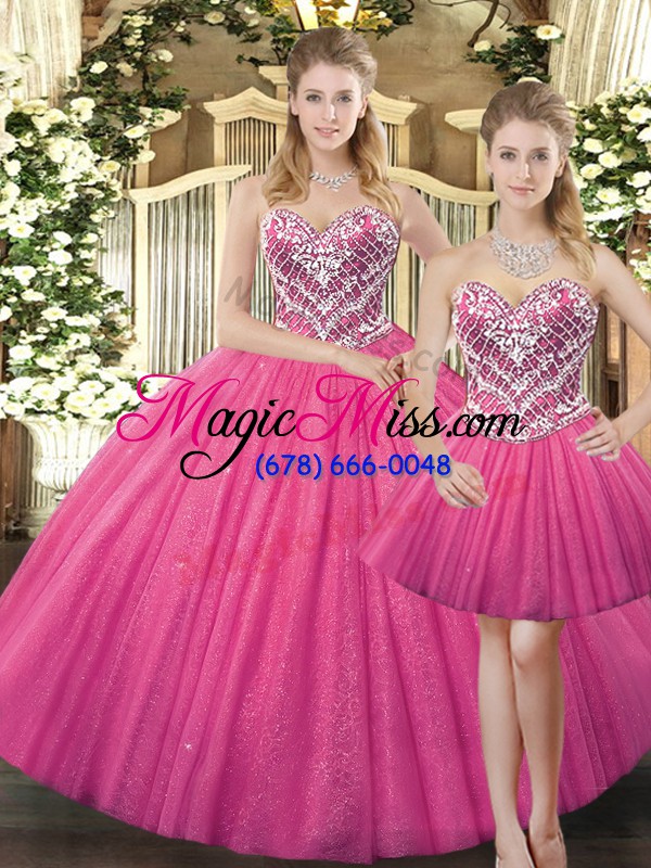 wholesale hot pink lace up sweetheart beading quinceanera gown tulle sleeveless