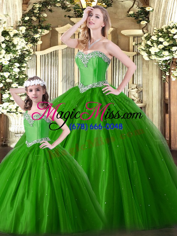 wholesale sleeveless tulle floor length lace up 15 quinceanera dress in green with beading