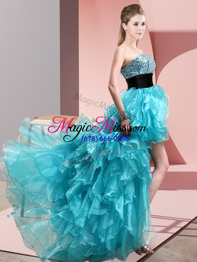 wholesale simple aqua blue organza lace up dress for prom sleeveless high low beading and ruffles