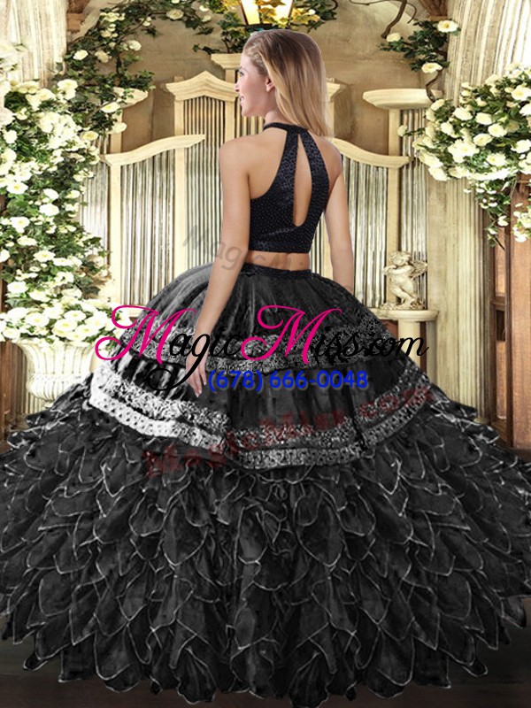 wholesale high class halter top sleeveless satin and organza quinceanera dress embroidery and ruffles backless