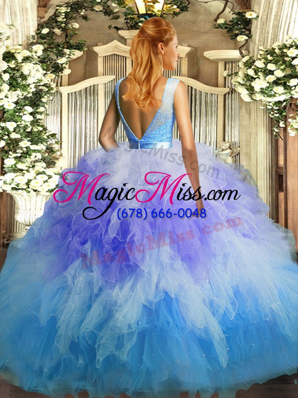wholesale most popular multi-color scoop neckline beading and ruffles quince ball gowns sleeveless backless
