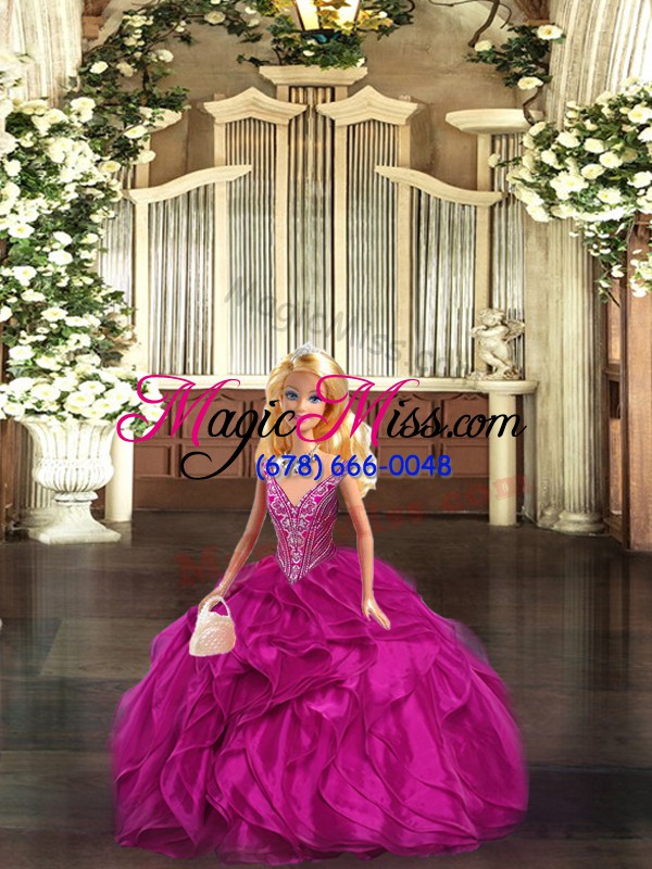 wholesale fuchsia ball gowns ruffles quinceanera dress lace up organza sleeveless floor length
